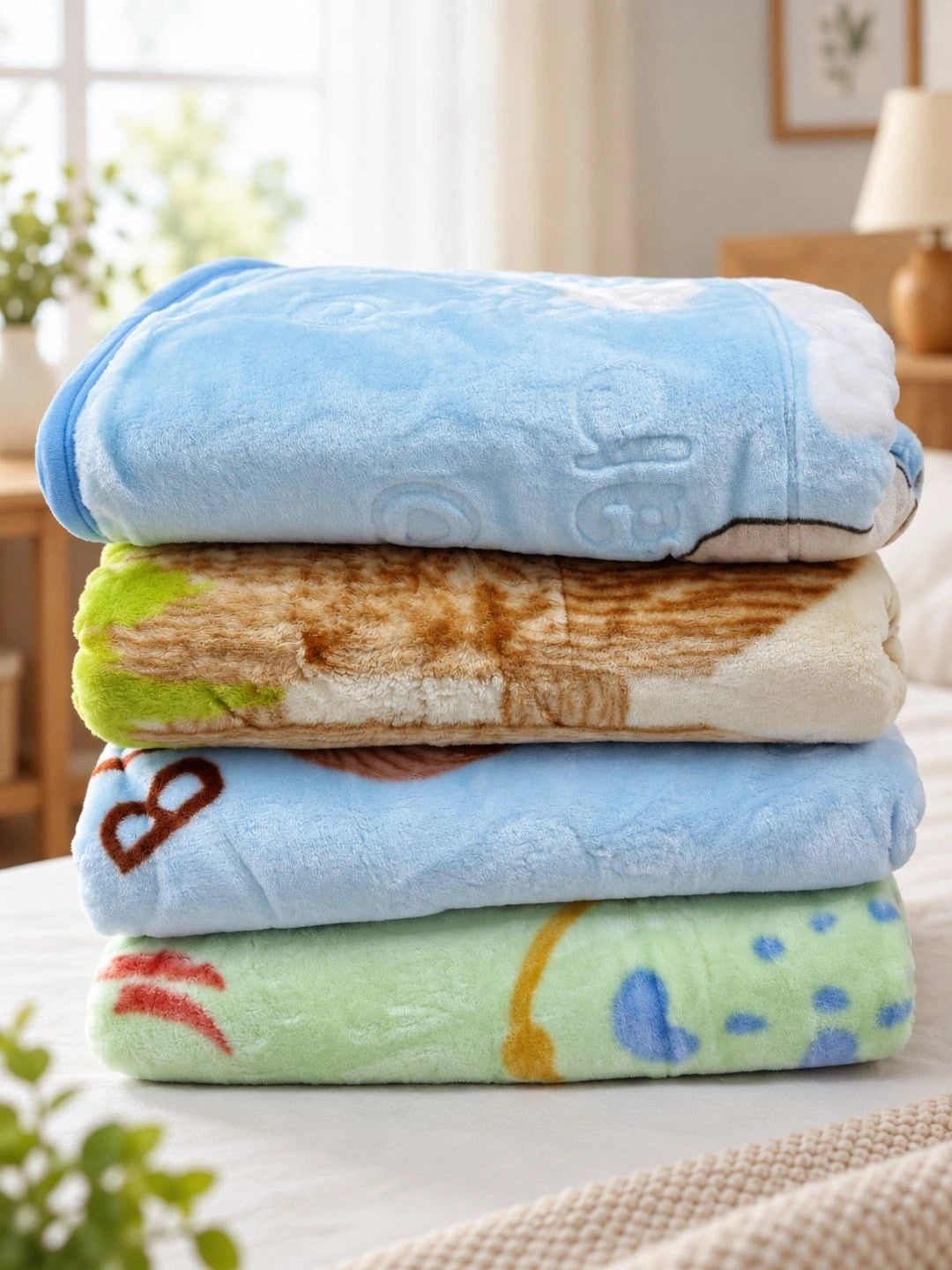 Blue & beige cartoon characters fleece mild winter blanket